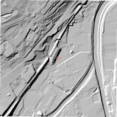 Shaded relief map of the ground around WF129FA, computed from Environment Agency LiDAR. The ground here sits at about 39 m above sea level and falls 61 m across the surrounding 800 m. Surface water reaching this point runs off ground lying to the north-west, 10.4 m higher.