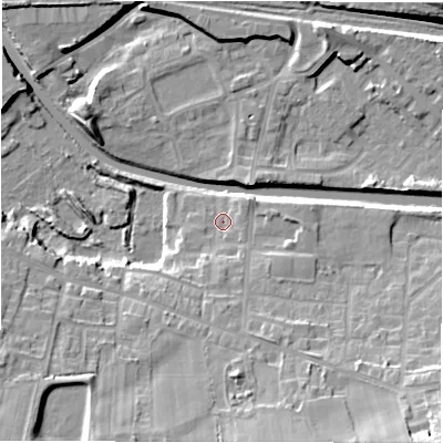 Shaded relief map of the ground around WF129HA, computed from Environment Agency LiDAR. The ground here sits at about 41 m above sea level and falls 22 m across the surrounding 800 m. Surface water reaching this point runs off ground lying to the south-east, 8.1 m higher.