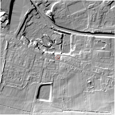 Shaded relief map of the ground around WF129HD, computed from Environment Agency LiDAR. The ground here sits at about 44 m above sea level and falls 27 m across the surrounding 800 m. Surface water reaching this point runs off ground lying to the south-east, 20.0 m higher.