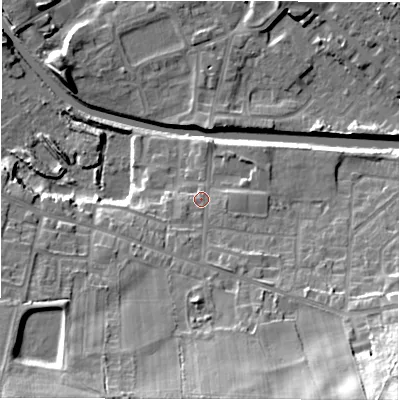 Shaded relief map of the ground around WF129HG, computed from Environment Agency LiDAR. The ground here sits at about 43 m above sea level and falls 32 m across the surrounding 800 m. Surface water reaching this point runs off ground lying to the south-east, 6.0 m higher.