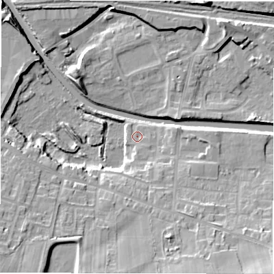 Shaded relief map of the ground around WF129HH, computed from Environment Agency LiDAR. The ground here sits at about 40 m above sea level and falls 18 m across the surrounding 800 m. Surface water reaching this point runs off ground lying to the south, 1.9 m higher.