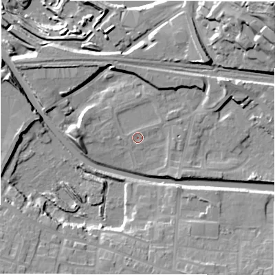 Shaded relief map of the ground around WF129HJ, computed from Environment Agency LiDAR. The ground here sits at about 40 m above sea level and falls 35 m across the surrounding 800 m. Surface water reaching this point runs off ground lying to the south-east, 3.4 m higher.