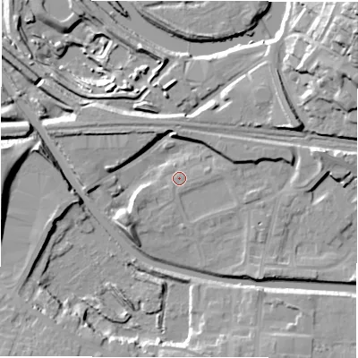 Shaded relief map of the ground around WF129HL, computed from Environment Agency LiDAR. The ground here sits at about 40 m above sea level and falls 33 m across the surrounding 800 m. Surface water reaching this point runs off ground lying to the south-west, 1.1 m higher.
