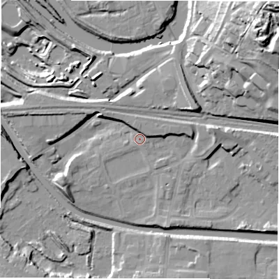 Shaded relief map of the ground around WF129HN, computed from Environment Agency LiDAR. The ground here sits at about 40 m above sea level and falls 44 m across the surrounding 800 m. Surface water reaching this point runs off ground lying to the south-south-east, 3.4 m higher.