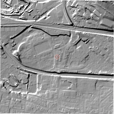 Shaded relief map of the ground around WF129HP, computed from Environment Agency LiDAR. The ground here sits at about 41 m above sea level and falls 41 m across the surrounding 800 m. Surface water reaching this point runs off ground lying to the south, 3.0 m higher.