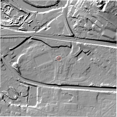 Shaded relief map of the ground around WF129HR, computed from Environment Agency LiDAR. The ground here sits at about 40 m above sea level and falls 44 m across the surrounding 800 m. Surface water reaching this point runs off ground lying to the east, 8.8 m higher.
