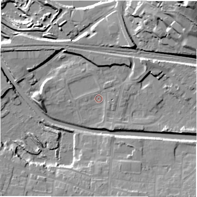 Shaded relief map of the ground around WF129HS, computed from Environment Agency LiDAR. The ground here sits at about 39 m above sea level and falls 42 m across the surrounding 800 m. Surface water reaching this point runs off ground lying to the east-north-east, 7.9 m higher.