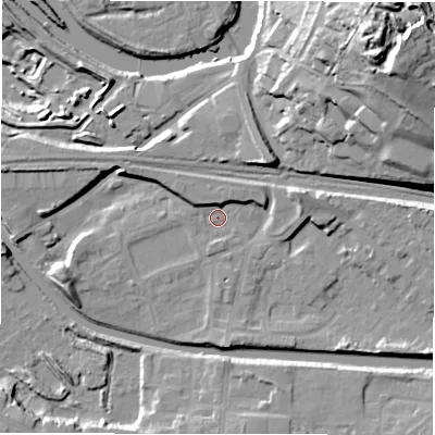 Shaded relief map of the ground around WF129HT, computed from Environment Agency LiDAR. The ground here sits at about 39 m above sea level and falls 44 m across the surrounding 800 m. Surface water reaching this point runs off ground lying to the east, 8.8 m higher.
