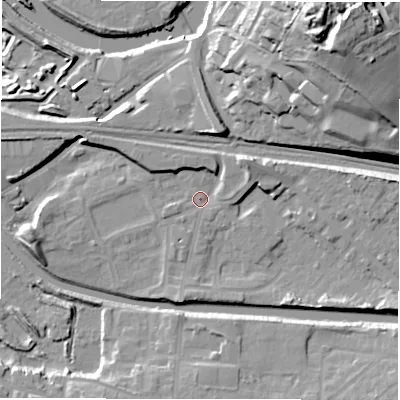 Shaded relief map of the ground around WF129HU, computed from Environment Agency LiDAR. The ground here sits at about 40 m above sea level and falls 44 m across the surrounding 800 m. Surface water reaching this point runs off ground lying to the east, 10.1 m higher.