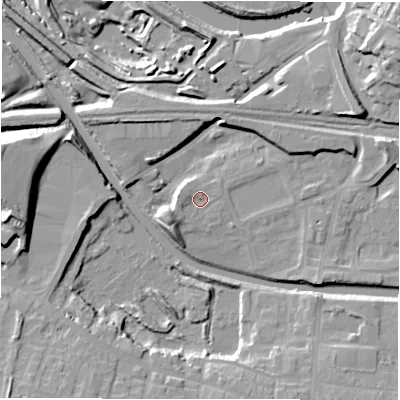 Shaded relief map of the ground around WF129HW, computed from Environment Agency LiDAR. The ground here sits at about 41 m above sea level and falls 24 m across the surrounding 800 m. Surface water reaching this point runs off ground lying to the west-south-west, 4.8 m higher.