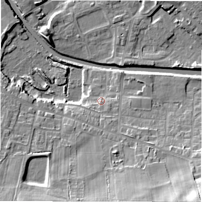 Shaded relief map of the ground around WF129HX, computed from Environment Agency LiDAR. The ground here sits at about 43 m above sea level and falls 28 m across the surrounding 800 m. Surface water reaching this point runs off ground lying to the south-south-east, 4.0 m higher.