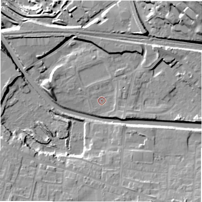 Shaded relief map of the ground around WF129HZ, computed from Environment Agency LiDAR. The ground here sits at about 40 m above sea level and falls 32 m across the surrounding 800 m. Surface water reaching this point runs off ground lying to the south-east, 3.0 m higher.