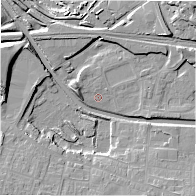 Shaded relief map of the ground around WF129JA, computed from Environment Agency LiDAR. The ground here sits at about 40 m above sea level and falls 22 m across the surrounding 800 m. Surface water reaching this point runs off ground lying to the west, 5.1 m higher.
