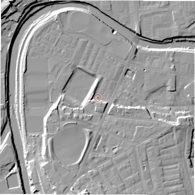 Shaded relief map of the ground around WF129LN, computed from Environment Agency LiDAR. The ground here sits at about 38 m above sea level and falls 22 m across the surrounding 800 m. Surface water reaching this point runs off ground lying to the south-south-east, 4.6 m higher.