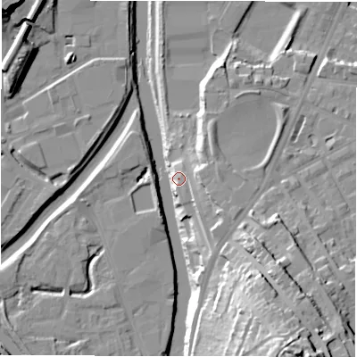 Shaded relief map of the ground around WF129LQ, computed from Environment Agency LiDAR. The ground here sits at about 43 m above sea level and falls 42 m across the surrounding 800 m. Surface water reaching this point runs off ground lying to the east-south-east, 6.2 m higher.