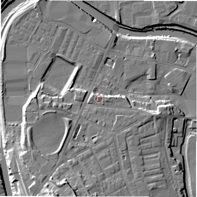 Shaded relief map of the ground around WF129LT, computed from Environment Agency LiDAR. The ground here sits at about 43 m above sea level and falls 24 m across the surrounding 800 m. Surface water reaching this point runs off ground lying to the north, 5.3 m higher.
