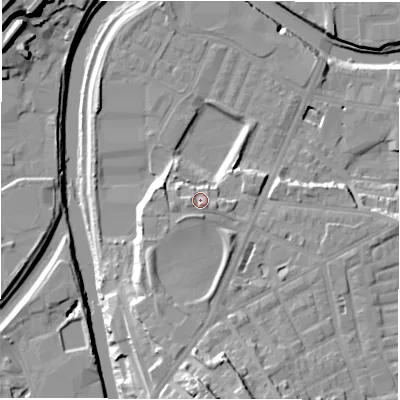 Shaded relief map of the ground around WF129LW, computed from Environment Agency LiDAR. The ground here sits at about 43 m above sea level and falls 25 m across the surrounding 800 m. Surface water reaching this point runs off ground lying to the south-west, 4.0 m higher.