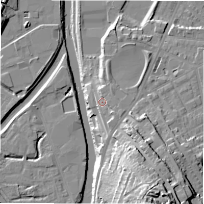 Shaded relief map of the ground around WF129NP, computed from Environment Agency LiDAR. The ground here sits at about 46 m above sea level and falls 42 m across the surrounding 800 m. Surface water reaching this point runs off ground lying to the south-east, 4.7 m higher.