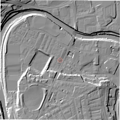 Shaded relief map of the ground around WF129PJ, computed from Environment Agency LiDAR. The ground here sits at about 38 m above sea level and falls 20 m across the surrounding 800 m. Surface water reaching this point runs off ground lying to the south-south-west, 12.6 m higher.