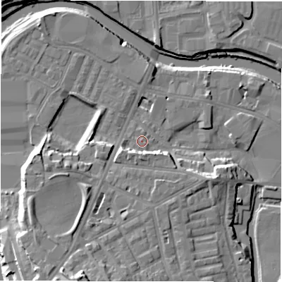 Shaded relief map of the ground around WF129PN, computed from Environment Agency LiDAR. The ground here sits at about 38 m above sea level and falls 22 m across the surrounding 800 m. Surface water reaching this point runs off ground lying to the south-west, 5.6 m higher.