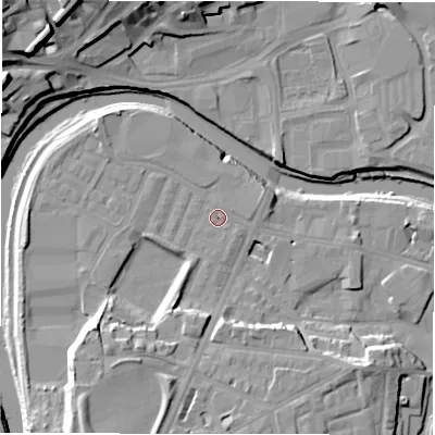 Shaded relief map of the ground around WF129PP, computed from Environment Agency LiDAR. The ground here sits at about 38 m above sea level and falls 25 m across the surrounding 800 m. Surface water reaching this point runs off ground lying to the south-south-west, 12.1 m higher.