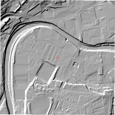 Shaded relief map of the ground around WF129PR, computed from Environment Agency LiDAR. The ground here sits at about 38 m above sea level and falls 31 m across the surrounding 800 m. Surface water reaching this point runs off ground lying to the south-south-west, 12.1 m higher.