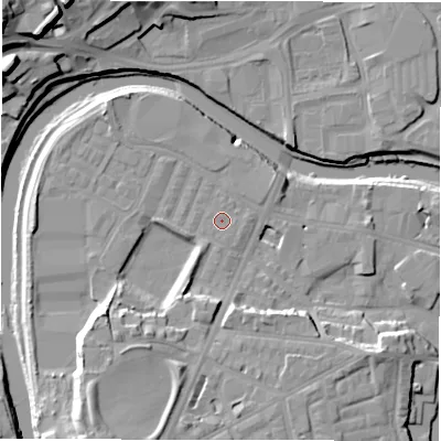 Shaded relief map of the ground around WF129PS, computed from Environment Agency LiDAR. The ground here sits at about 38 m above sea level and falls 25 m across the surrounding 800 m. Surface water reaching this point runs off ground lying to the south-south-west, 12.1 m higher.