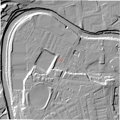 Shaded relief map of the ground around WF129PT, computed from Environment Agency LiDAR. The ground here sits at about 38 m above sea level and falls 23 m across the surrounding 800 m. Surface water reaching this point runs off ground lying to the south, 4.7 m higher.