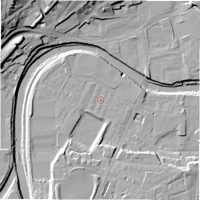 Shaded relief map of the ground around WF129PU, computed from Environment Agency LiDAR. The ground here sits at about 38 m above sea level and falls 34 m across the surrounding 800 m. Surface water reaching this point runs off ground lying to the south-south-west, 11.2 m higher.