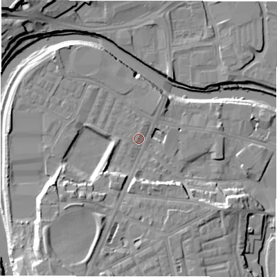 Shaded relief map of the ground around WF129PW, computed from Environment Agency LiDAR. The ground here sits at about 38 m above sea level and falls 21 m across the surrounding 800 m. Surface water reaching this point runs off ground lying to the south-west, 12.5 m higher.