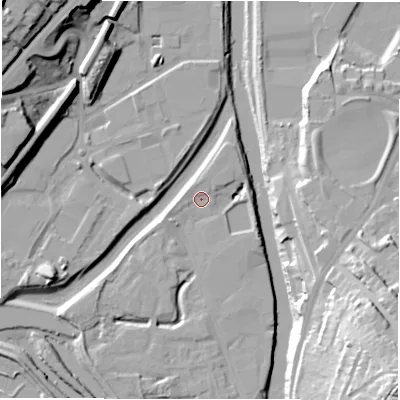Shaded relief map of the ground around WF129PY, computed from Environment Agency LiDAR. The ground here sits at about 38 m above sea level and falls 41 m across the surrounding 800 m. Surface water reaching this point runs off ground lying to the south-west, 6.4 m higher.