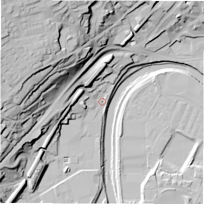 Shaded relief map of the ground around WF129QB, computed from Environment Agency LiDAR. The ground here sits at about 38 m above sea level and falls 58 m across the surrounding 800 m. Surface water reaching this point runs off ground lying to the north-west, 51.4 m higher.