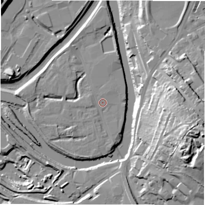 Shaded relief map of the ground around WF129QE, computed from Environment Agency LiDAR. The ground here sits at about 39 m above sea level and falls 44 m across the surrounding 800 m. Surface water reaching this point runs off ground lying to the south-west, 2.6 m higher.