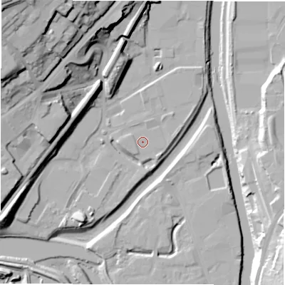 Shaded relief map of the ground around WF129QF, computed from Environment Agency LiDAR. The ground here sits at about 39 m above sea level and falls 48 m across the surrounding 800 m. Surface water reaching this point runs off ground lying to the west, 2.3 m higher.