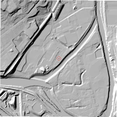 Shaded relief map of the ground around WF129QH, computed from Environment Agency LiDAR. The ground here sits at about 39 m above sea level and falls 41 m across the surrounding 800 m. Surface water reaching this point runs off ground lying to the west, 1.3 m higher.