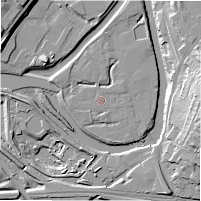 Shaded relief map of the ground around WF129QJ, computed from Environment Agency LiDAR. The ground here sits at about 40 m above sea level and falls 32 m across the surrounding 800 m. The ground contributing surface water to this point lies to the south-west.