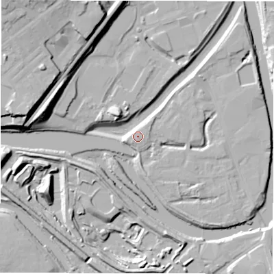 Shaded relief map of the ground around WF129QL, computed from Environment Agency LiDAR. The ground here sits at about 41 m above sea level and falls 29 m across the surrounding 800 m. Surface water reaching this point runs off ground lying to the west-south-west, 4.4 m higher.