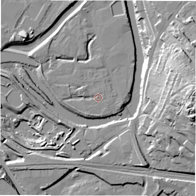 Shaded relief map of the ground around WF129QN, computed from Environment Agency LiDAR. The ground here sits at about 39 m above sea level and falls 43 m across the surrounding 800 m. Surface water reaching this point runs off ground lying to the west-north-west, 2.8 m higher.