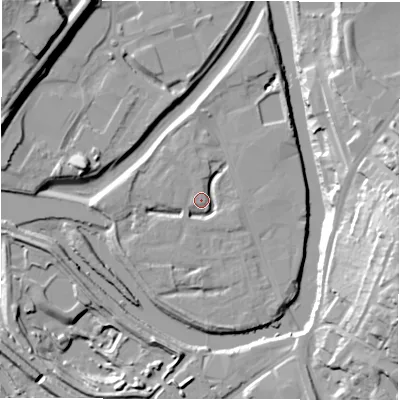 Shaded relief map of the ground around WF129QP, computed from Environment Agency LiDAR. The ground here sits at about 39 m above sea level and falls 34 m across the surrounding 800 m. Surface water reaching this point runs off ground lying to the west, 4.9 m higher.