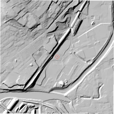 Shaded relief map of the ground around WF129QR, computed from Environment Agency LiDAR. The ground here sits at about 40 m above sea level and falls 49 m across the surrounding 800 m. Surface water reaching this point runs off ground lying to the west, 9.2 m higher.