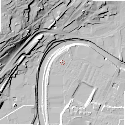 Shaded relief map of the ground around WF129QS, computed from Environment Agency LiDAR. The ground here sits at about 38 m above sea level and falls 52 m across the surrounding 800 m. Surface water reaching this point runs off ground lying to the west-north-west, 0.8 m higher.