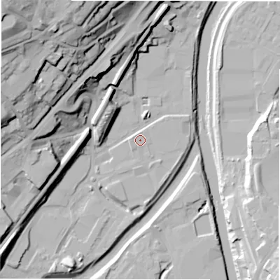Shaded relief map of the ground around WF129QT, computed from Environment Agency LiDAR. The ground here sits at about 39 m above sea level and falls 56 m across the surrounding 800 m. Surface water reaching this point runs off ground lying to the north, 1.9 m higher.