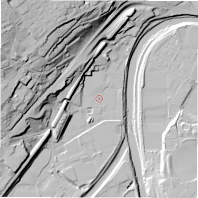 Shaded relief map of the ground around WF129QW, computed from Environment Agency LiDAR. The ground here sits at about 38 m above sea level and falls 58 m across the surrounding 800 m. Surface water reaching this point runs off ground lying to the west-north-west, 42.5 m higher.