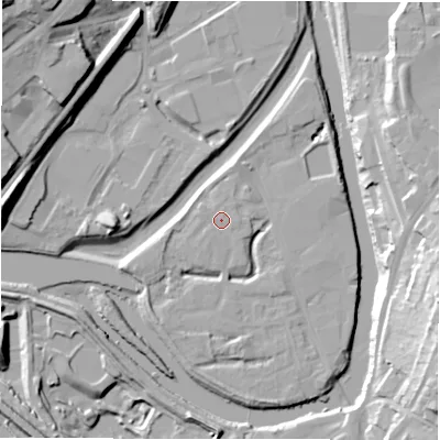 Shaded relief map of the ground around WF129RD, computed from Environment Agency LiDAR. The ground here sits at about 40 m above sea level and falls 36 m across the surrounding 800 m. Surface water reaching this point runs off ground lying to the east, 0.8 m higher.