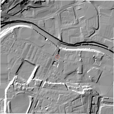 Shaded relief map of the ground around WF129TA, computed from Environment Agency LiDAR. The ground here sits at about 38 m above sea level and falls 21 m across the surrounding 800 m. Surface water reaching this point runs off ground lying to the north, 2.6 m higher.