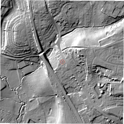 Shaded relief map of the ground around WF12AS, computed from Environment Agency LiDAR. The ground here sits at about 57 m above sea level and falls 38 m across the surrounding 800 m. Surface water reaching this point runs off ground lying to the east-south-east, 0.9 m higher.