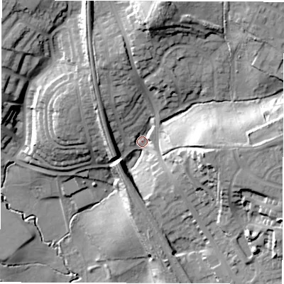 Shaded relief map of the ground around WF12BU, computed from Environment Agency LiDAR. The ground here sits at about 50 m above sea level and falls 37 m across the surrounding 800 m. Surface water reaching this point runs off ground lying to the north, 22.0 m higher.