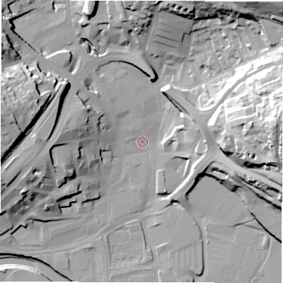 Shaded relief map of the ground around WF131AA, computed from Environment Agency LiDAR. The ground here sits at about 38 m above sea level and falls 55 m across the surrounding 800 m. Surface water reaching this point runs off ground lying to the west, 18.5 m higher.