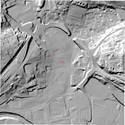 Shaded relief map of the ground around WF131AB, computed from Environment Agency LiDAR. The ground here sits at about 38 m above sea level and falls 53 m across the surrounding 800 m. Surface water reaching this point runs off ground lying to the west, 18.5 m higher.