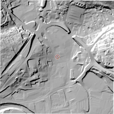 Shaded relief map of the ground around WF131AE, computed from Environment Agency LiDAR. The ground here sits at about 38 m above sea level and falls 49 m across the surrounding 800 m. Surface water reaching this point runs off ground lying to the west, 18.1 m higher.
